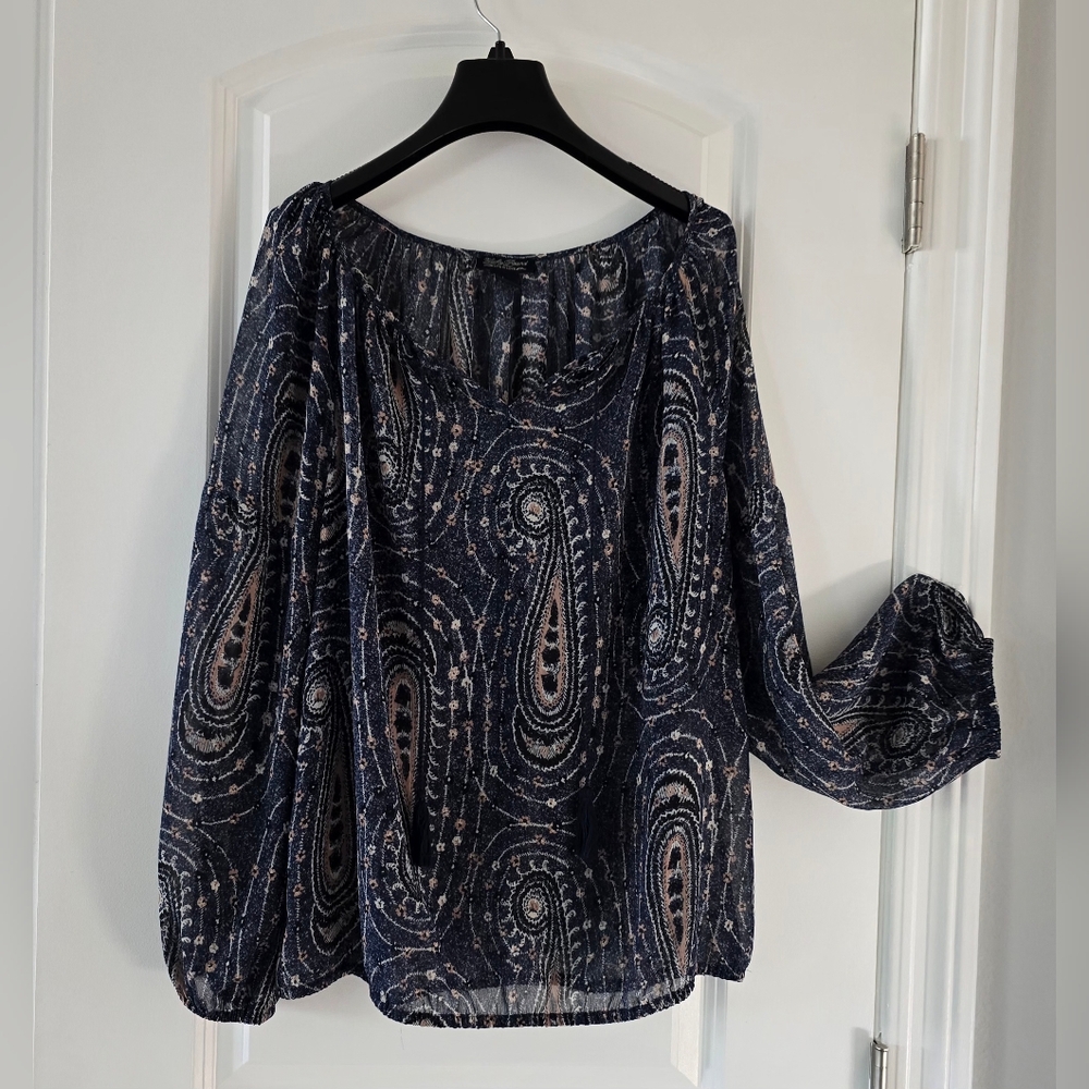 Lucky Brand Sheer Peasant Blouse‎ Long Sleeve Paisley Blue Pink Women's Size L